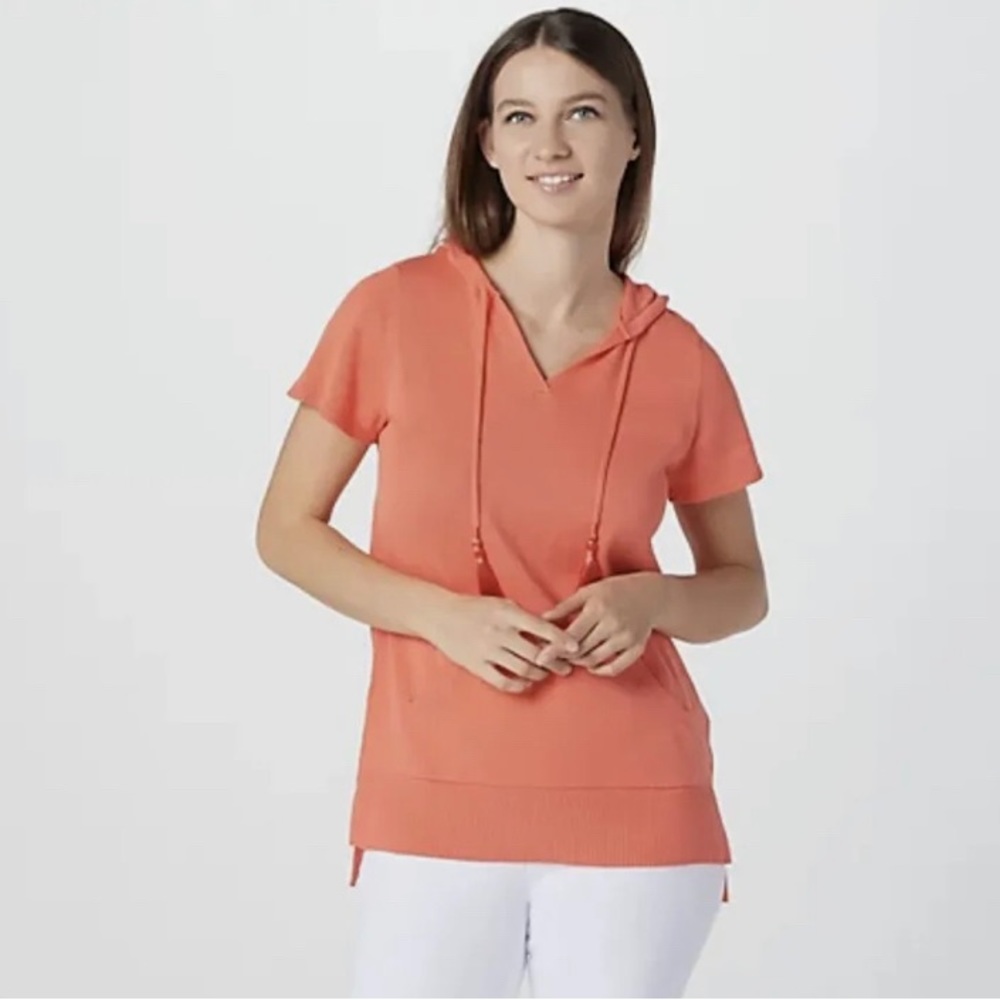 NWT- Belle by Kim Gravel Coral Hooded Knit Tassel Top, Medium
